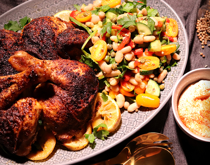 Middle Eastern Roast Chicken with White Bean Salad